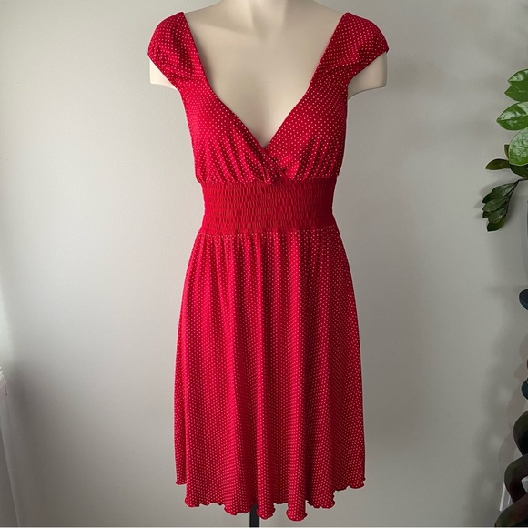 Blush Rocabilly Polka Dot Midi Dress Smocked Waist Red White Size Small - Picture 1 of 9